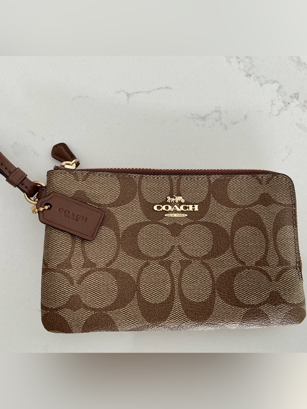 Coach Signature Canvas Zip Wristlet in Brown with Gold Hardware